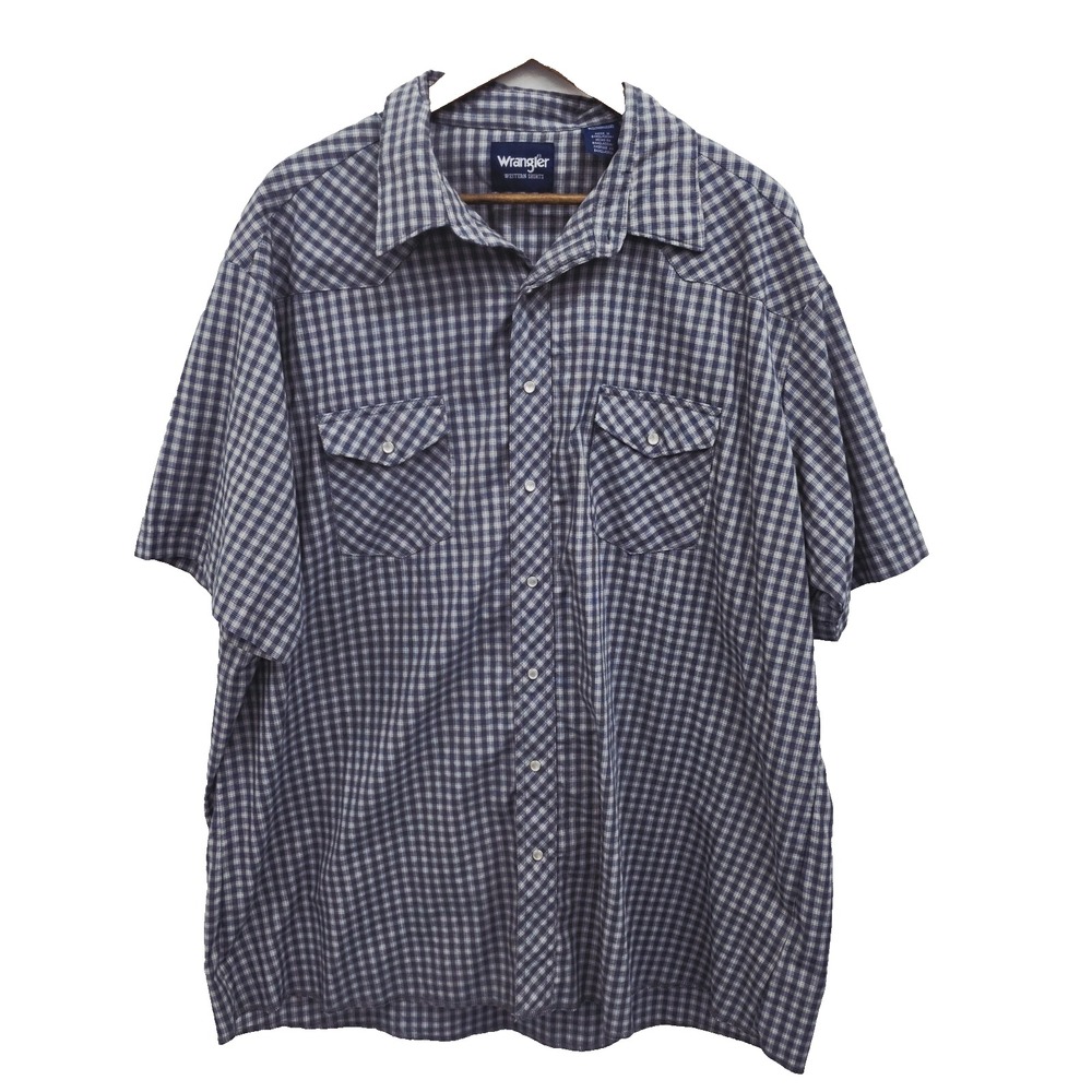 Wrangler‎ Mens 3XT Blue Gingham Pearl Snap Western Short Sleeve Shirt Ranch Wear